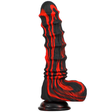 Zwart Rode Geribbelde Monsterdildo Met Zuignap