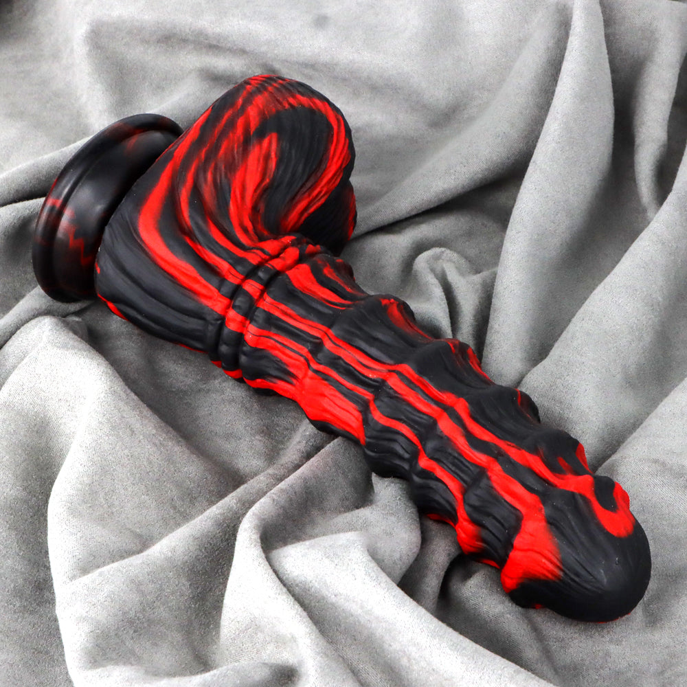 Zwart Rode Geribbelde Monsterdildo Met Zuignap