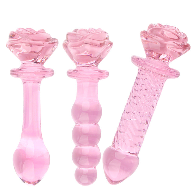 Pink Glazen Dildo Met Rozenhandvat En Kralenstructuur
