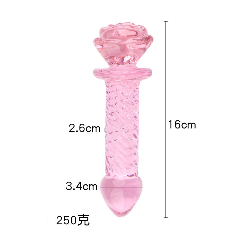 Pink Glazen Dildo Met Rozenhandvat En Kralenstructuur