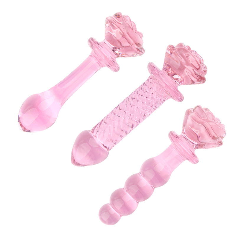 Pink Glazen Dildo Met Rozenhandvat En Kralenstructuur