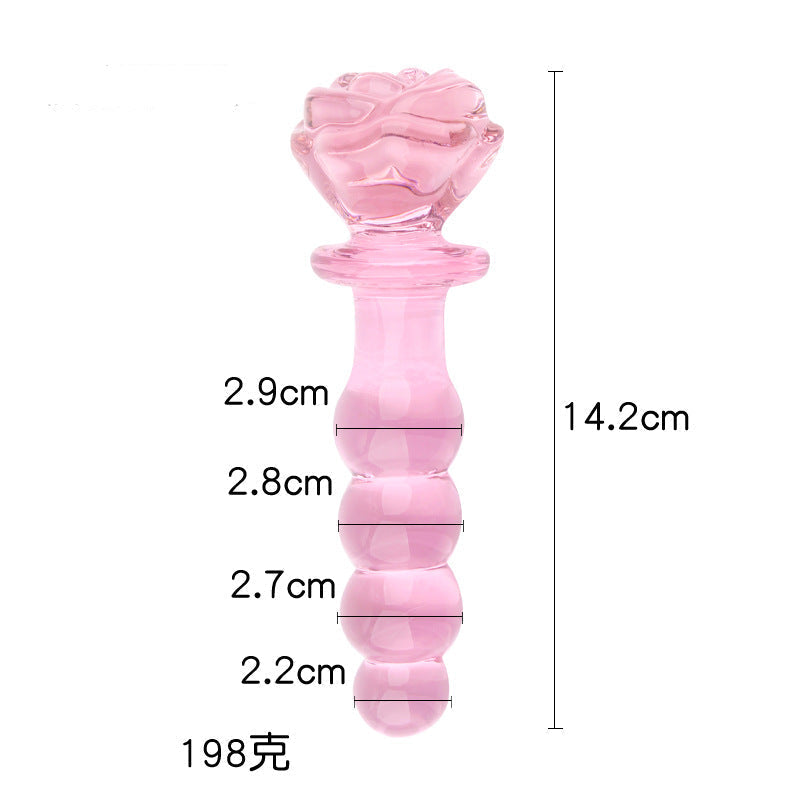 Pink Glazen Dildo Met Rozenhandvat En Kralenstructuur