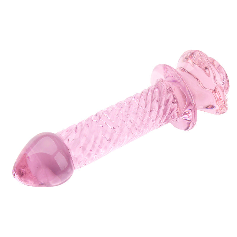 Pink Glazen Dildo Met Rozenhandvat En Kralenstructuur