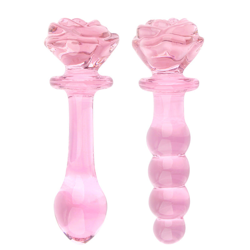 Pink Glazen Dildo Met Rozenhandvat En Kralenstructuur