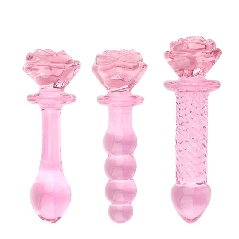 Pink Glazen Dildo Met Rozenhandvat En Kralenstructuur