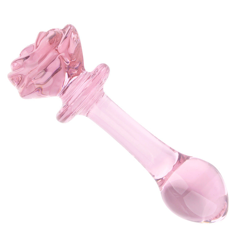 Pink Glazen Dildo Met Rozenhandvat En Kralenstructuur