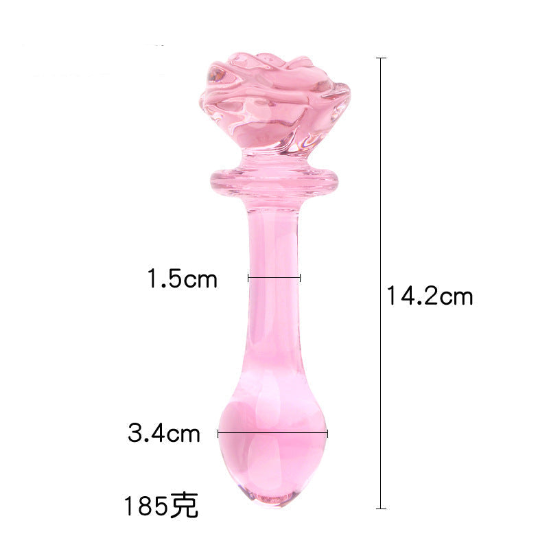 Pink Glazen Dildo Met Rozenhandvat En Kralenstructuur