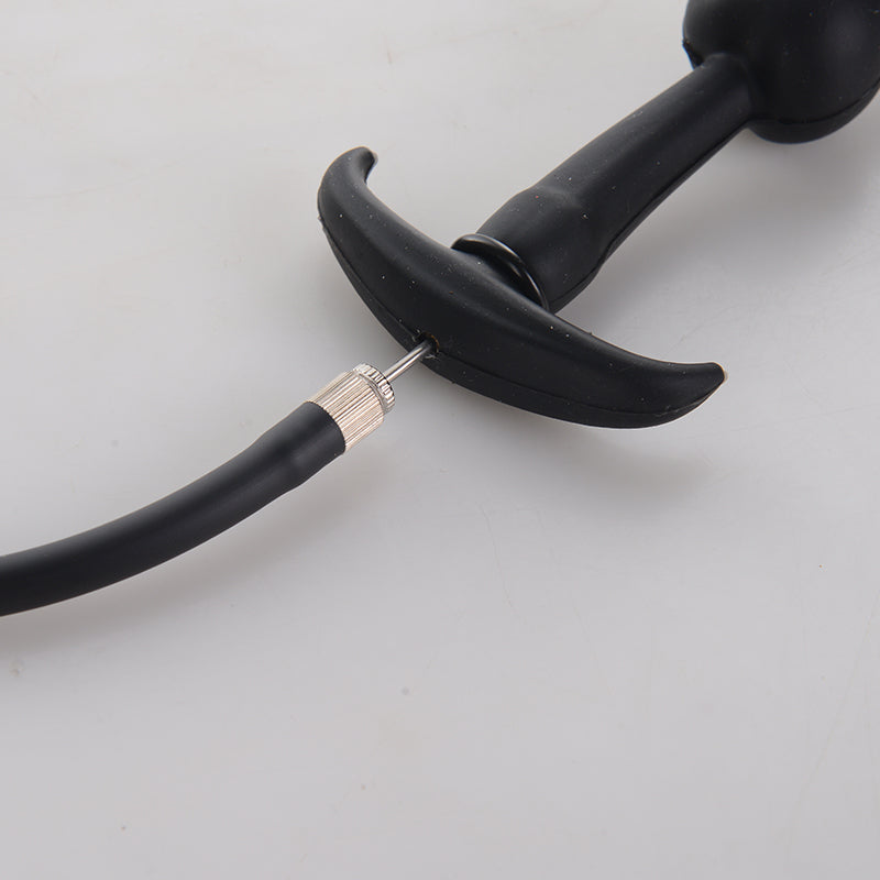 Zwarte Opblaasbare Siliconen Buttplug met Stalen Balletjes