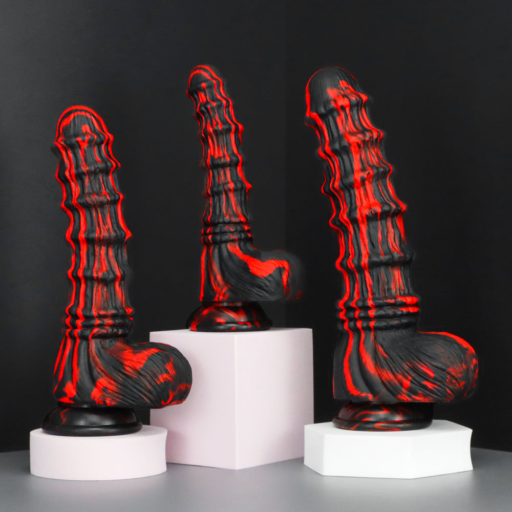 Zwart Rode Geribbelde Monsterdildo Met Zuignap