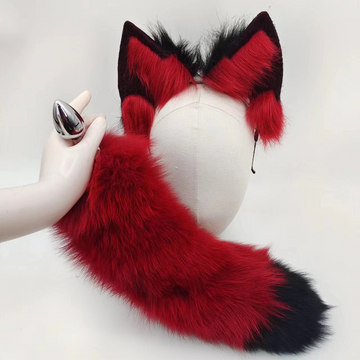 Dieprode Metalen Fox Tail Plug met Bijpassende Oren