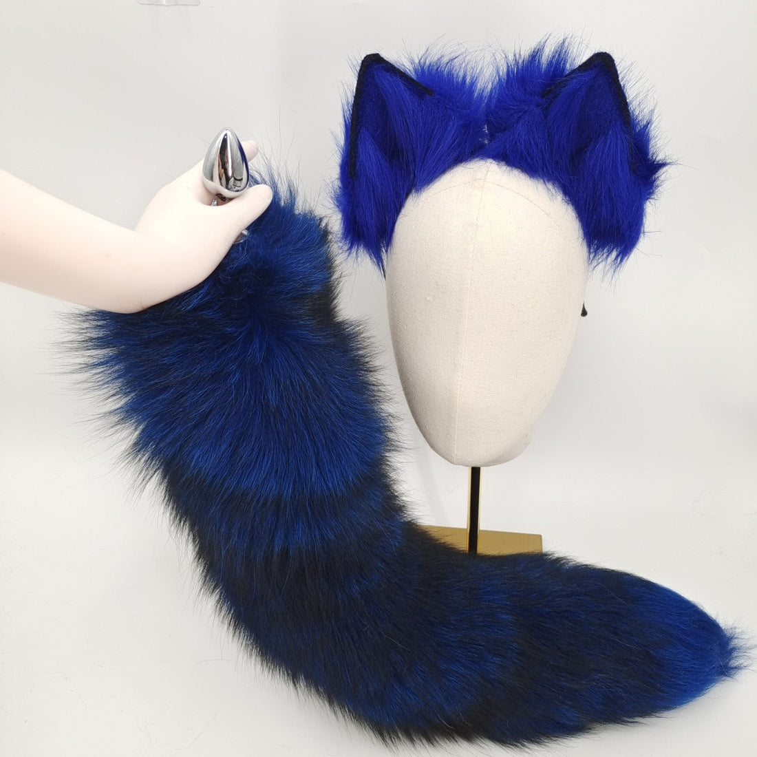 Blauwe Metalen Fox Tail Buttplug met Oren
