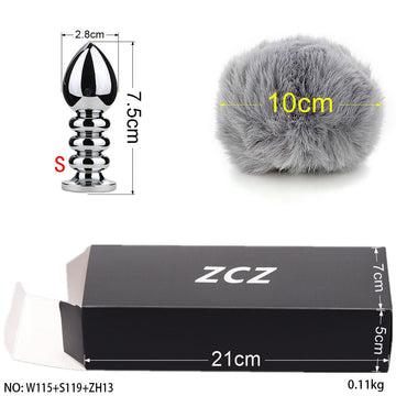 Grijze Rabbit Tail Plug Drie Geribbelde Metaalstijlen