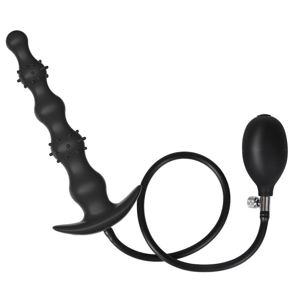Zwarte Opblaasbare Buttplug met Kralen en Noppen