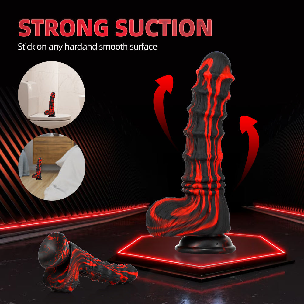 Zwart Rode Geribbelde Monsterdildo Met Zuignap