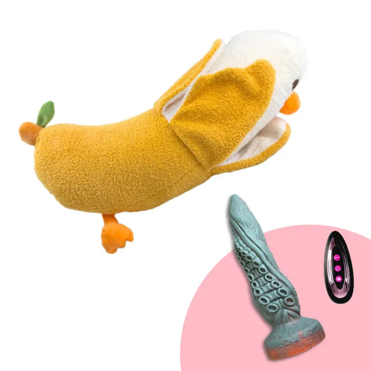 Banaan Eend Pluche Stotende Dildo Met Likfunctie