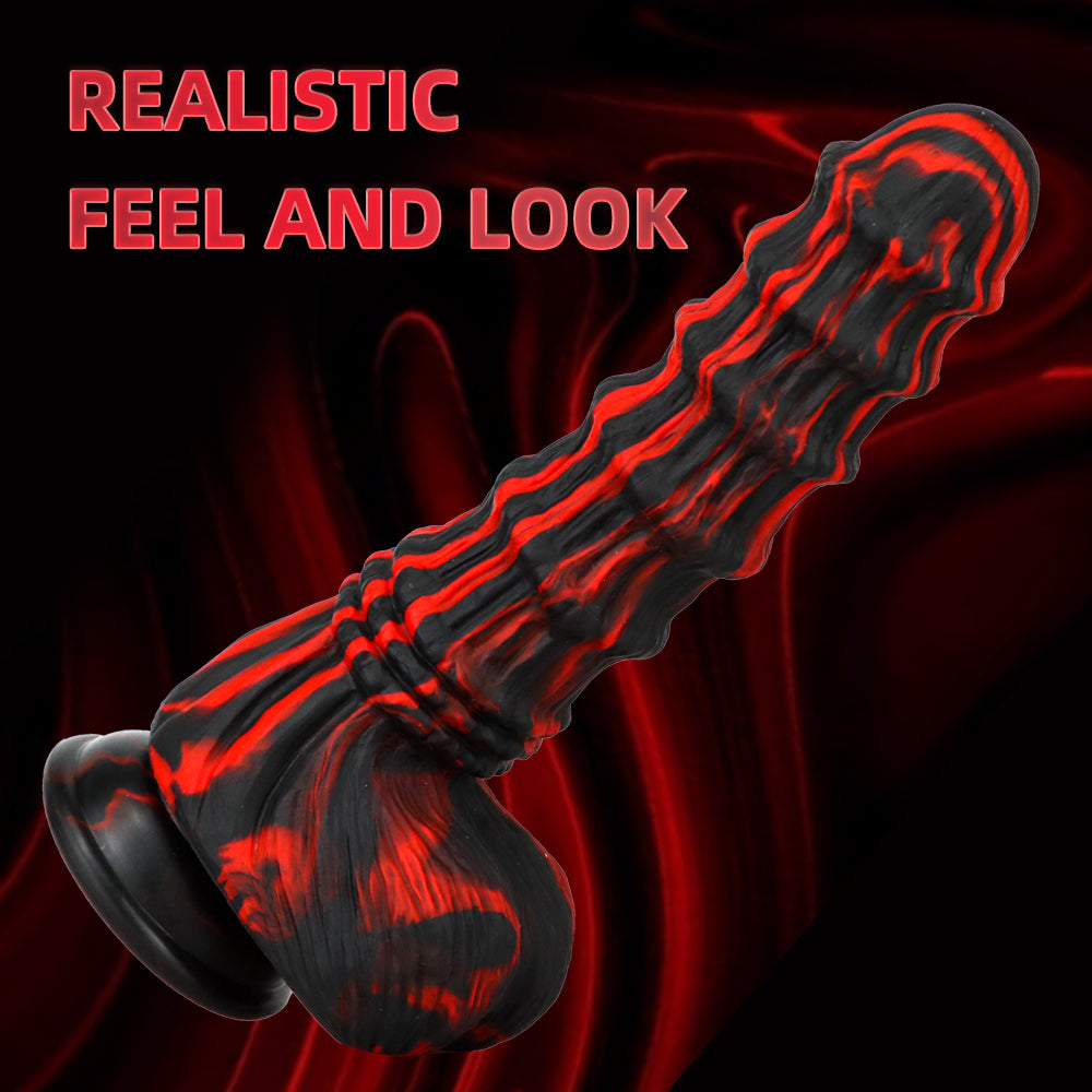 Zwart Rode Geribbelde Monsterdildo Met Zuignap
