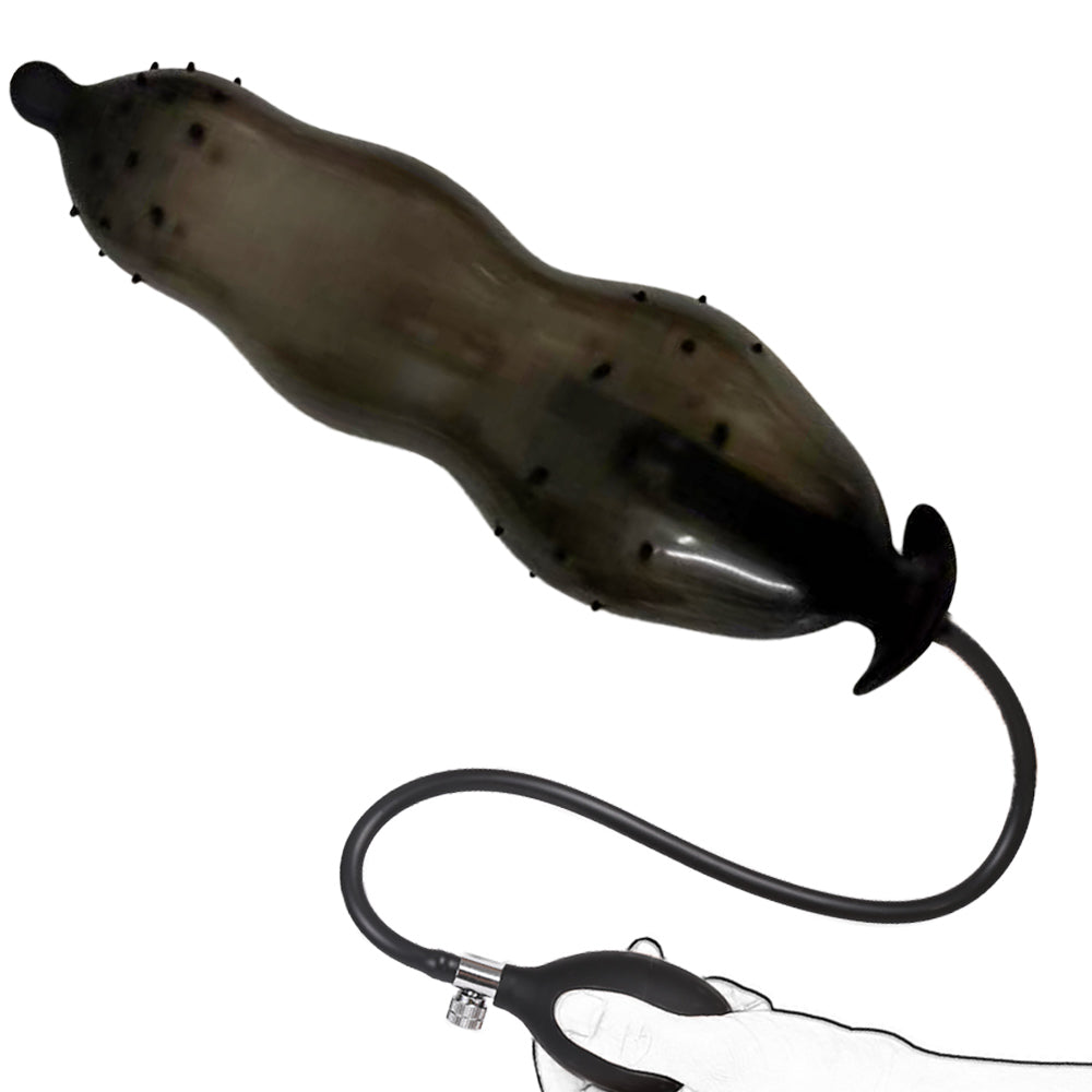 Zwarte Opblaasbare Buttplug met Kralen en Noppen