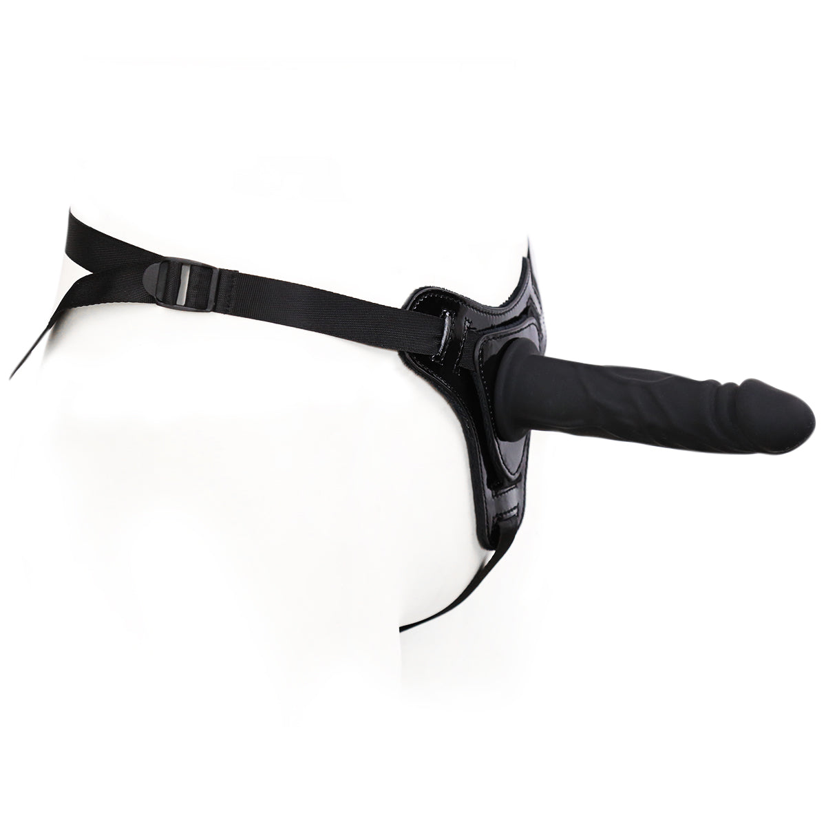 Zwarte Glanzende Leren Strap-On Dildo 15 cm