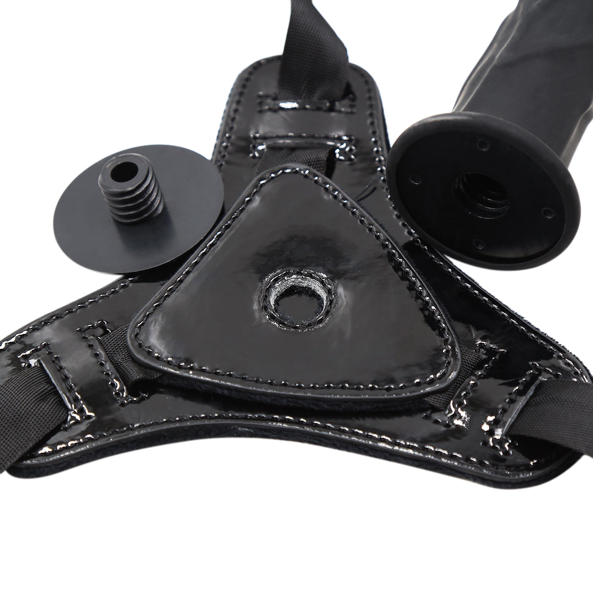 Zwarte Glanzende Leren Strap-On Dildo 15 cm