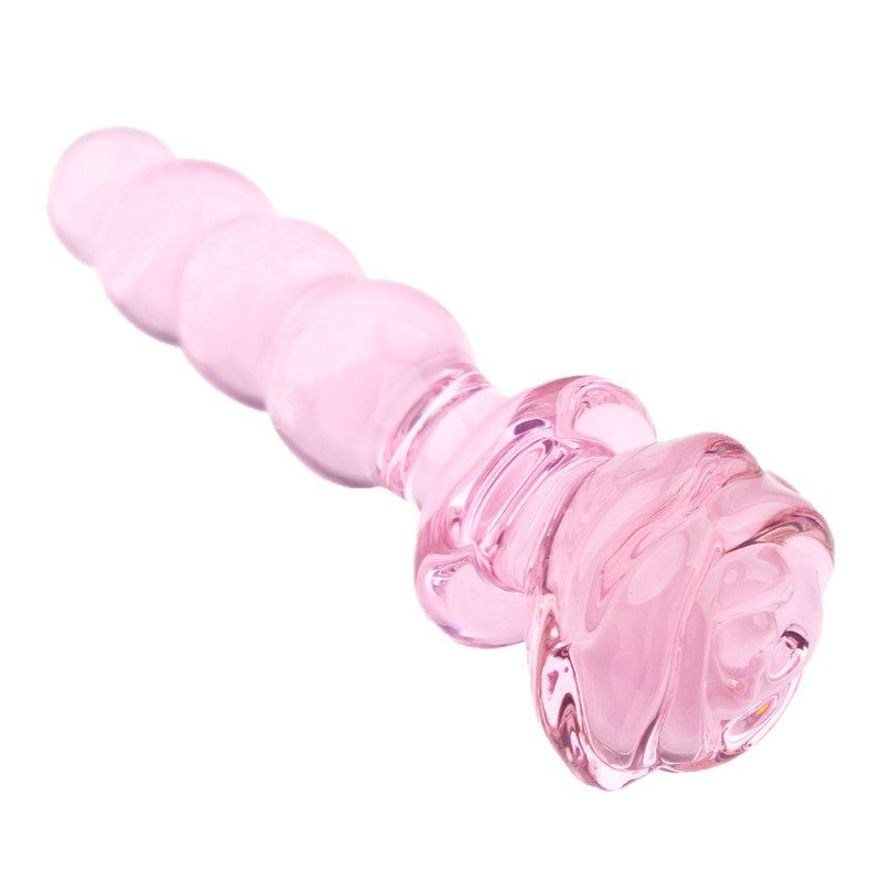 Pink Glazen Dildo Met Rozenhandvat En Kralenstructuur